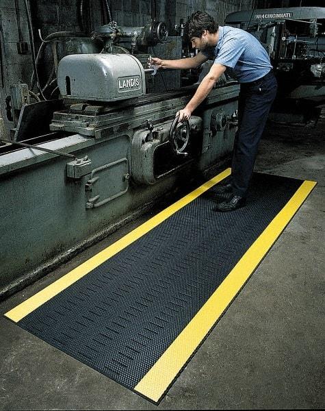 Wearwell - 60' Long x 3' Wide, Dry/Wet Environment, Anti-Fatigue Matting - Black with Yellow Borders, Vinyl with Vinyl Base, Beveled on 4 Sides - USA Tool & Supply
