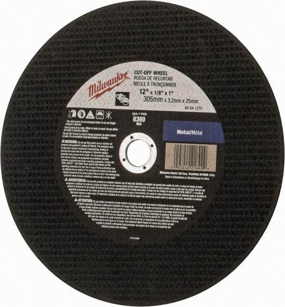 Milwaukee Tool - 12" 24 Grit Aluminum Oxide Cutoff Wheel - 1/8" Thick, 1" Arbor, 6,360 Max RPM, Use with Angle Grinders - USA Tool & Supply