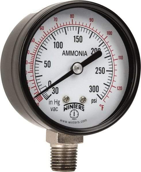 Winters - 2-1/2" Dial, 1/4 Thread, 30-0-300 Scale Range, Pressure Gauge - Lower Connection Mount, Accurate to 3-2-3% of Scale - USA Tool & Supply
