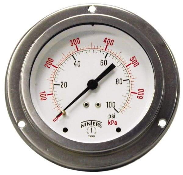 Winters - 2-1/2" Dial, 1/4 Thread, 0-600 Scale Range, Pressure Gauge - Front Flange Panel Mount, Center Back Connection Mount, Accurate to 1.5% of Scale - USA Tool & Supply