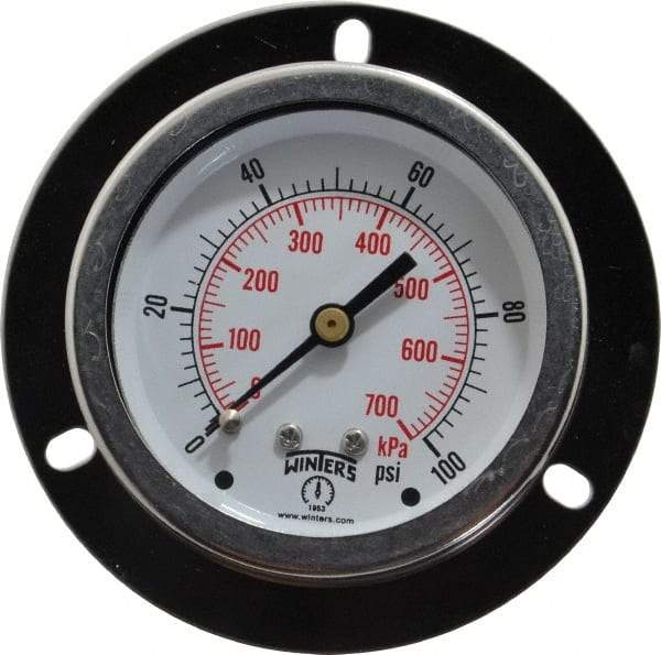 Winters - 2-1/2" Dial, 1/4 Thread, 0-100 Scale Range, Pressure Gauge - Front Flange Panel Mount, Center Back Connection Mount, Accurate to 1.5% of Scale - USA Tool & Supply