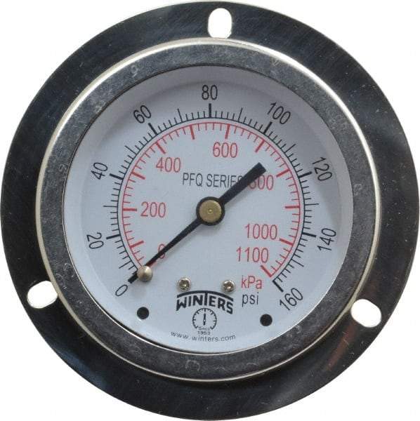 Winters - 2-1/2" Dial, 1/4 Thread, 0-160 Scale Range, Pressure Gauge - Front Flange Panel Mount, Center Back Connection Mount, Accurate to 1.5% of Scale - USA Tool & Supply