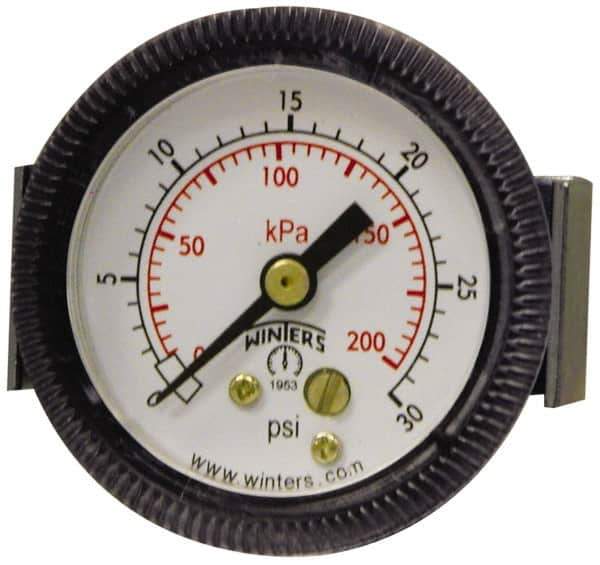 Winters - 2-1/2" Dial, 1/4 Thread, 0-30 Scale Range, Pressure Gauge - U-Clamp Panel Mount, Center Back Connection Mount, Accurate to 2.5% of Scale - USA Tool & Supply