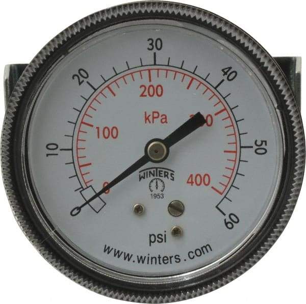 Winters - 2-1/2" Dial, 1/4 Thread, 0-60 Scale Range, Pressure Gauge - U-Clamp Panel Mount, Center Back Connection Mount, Accurate to 2.5% of Scale - USA Tool & Supply