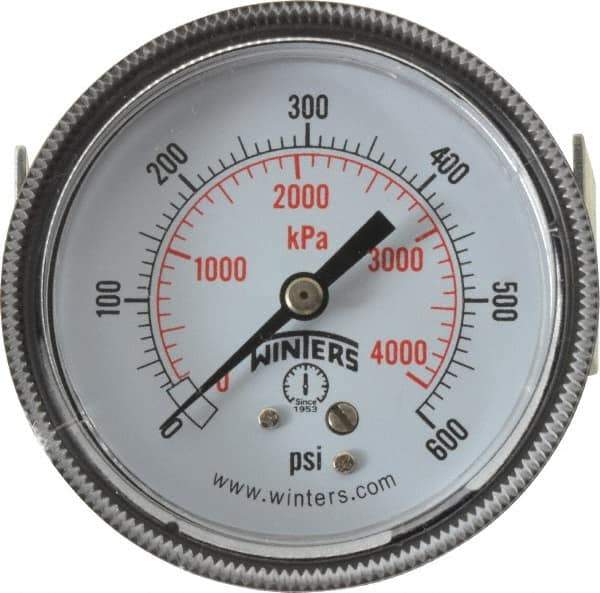Winters - 2-1/2" Dial, 1/4 Thread, 0-600 Scale Range, Pressure Gauge - U-Clamp Panel Mount, Center Back Connection Mount, Accurate to 2.5% of Scale - USA Tool & Supply