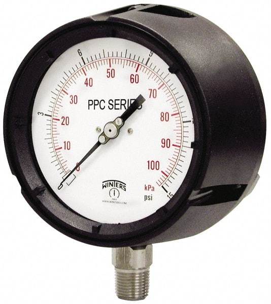 Winters - 4-1/2" Dial, 1/2 Thread, 0-60 Scale Range, Pressure Gauge - Lower Connection Mount, Accurate to 0.5% of Scale - USA Tool & Supply