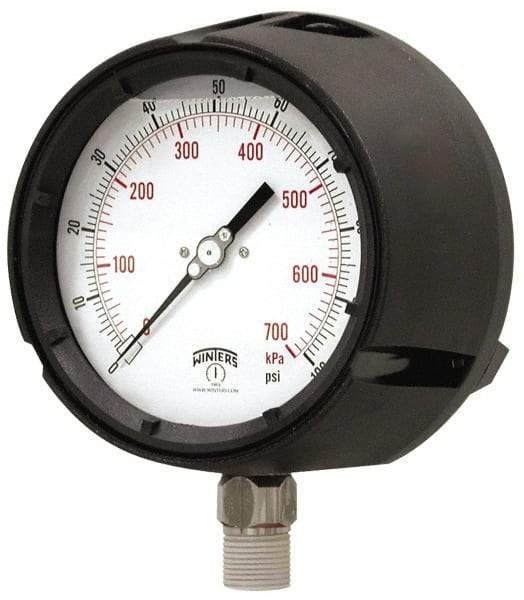 Winters - 4-1/2" Dial, 1/2 Thread, 0-600 Scale Range, Pressure Gauge - Lower Connection Mount, Accurate to 0.5% of Scale - USA Tool & Supply