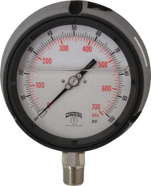 Winters - 4-1/2" Dial, 1/2 Thread, 0-100 Scale Range, Pressure Gauge - Lower Connection Mount, Accurate to 0.5% of Scale - USA Tool & Supply