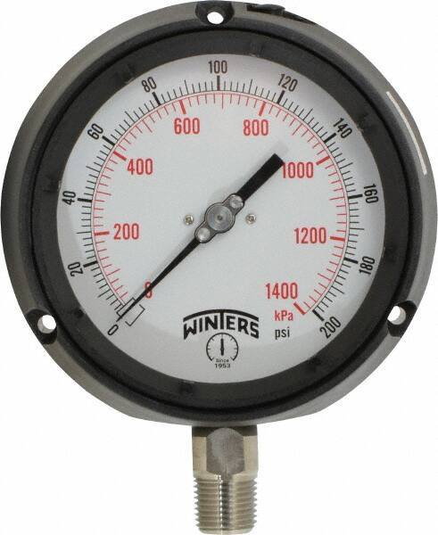 Winters - 4-1/2" Dial, 1/2 Thread, 0-200 Scale Range, Pressure Gauge - Lower Connection Mount, Accurate to 0.5% of Scale - USA Tool & Supply