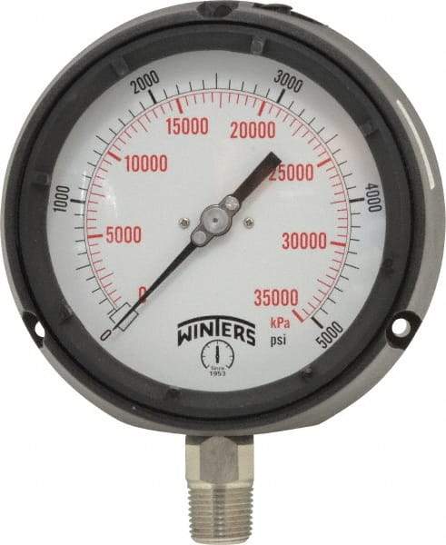 Winters - 4-1/2" Dial, 1/2 Thread, 0-5,000 Scale Range, Pressure Gauge - Lower Connection Mount, Accurate to 0.5% of Scale - USA Tool & Supply