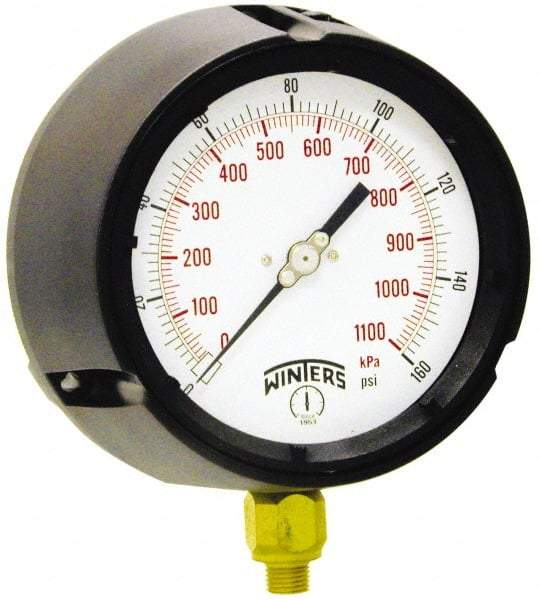 Winters - 4-1/2" Dial, 1/4 Thread, 0-600 Scale Range, Pressure Gauge - Lower Connection Mount, Accurate to 0.5% of Scale - USA Tool & Supply