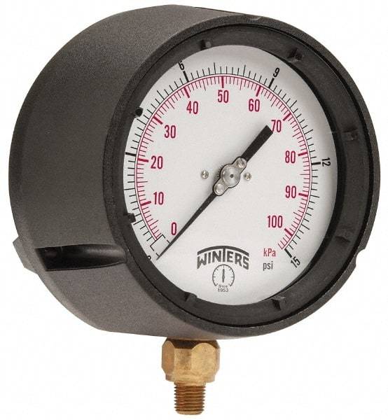 Winters - 4-1/2" Dial, 1/4 Thread, 0-15 Scale Range, Pressure Gauge - Lower Connection Mount, Accurate to 0.5% of Scale - USA Tool & Supply