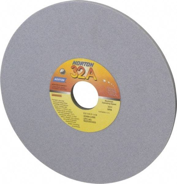 Norton - 8" Diam x 1-1/4" Hole x 1/4" Thick, L Hardness, 80 Grit Surface Grinding Wheel - Aluminum Oxide, Type 1, Medium Grade, 3,600 Max RPM, Vitrified Bond, No Recess - USA Tool & Supply