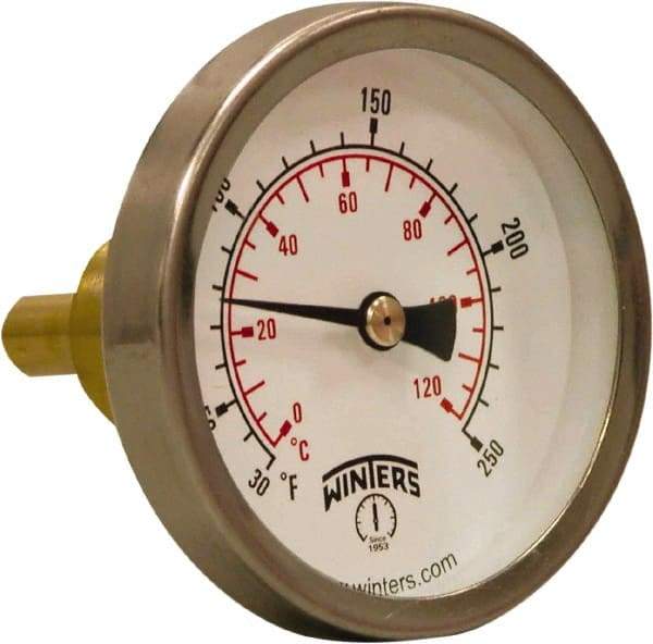Winters - 30 to 250°F, Industrial Thermometer with Standard Thermowell - 1 Inch Immersion Length, 2.012 Inch Stem Length, 2 Inch Long, 3/4 Inch Thread - USA Tool & Supply