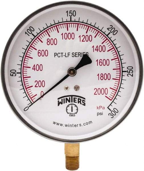 Winters - 4-1/2" Dial, 1/4 Thread, 0-300 Scale Range, Pressure Gauge - Lower Connection Mount, Accurate to 0.01% of Scale - USA Tool & Supply