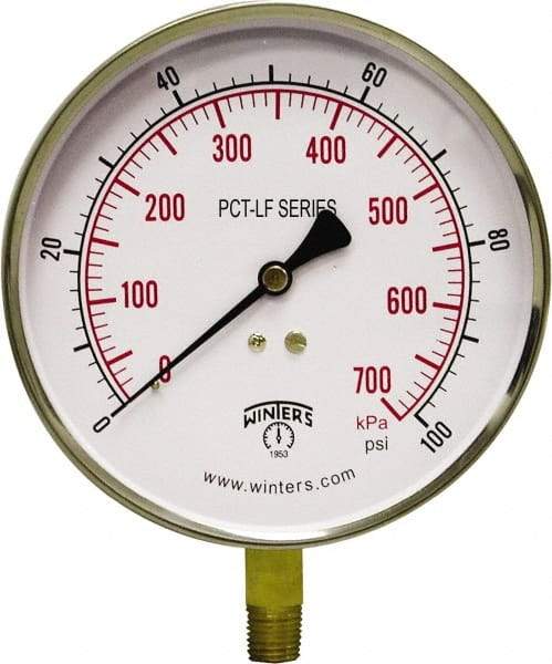 Winters - 4-1/2" Dial, 1/4 Thread, 0-100 Scale Range, Pressure Gauge - Lower Connection Mount, Accurate to 0.01% of Scale - USA Tool & Supply