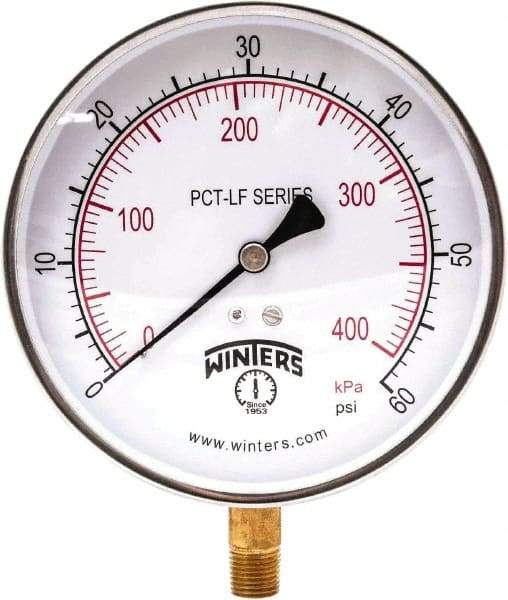 Winters - 4-1/2" Dial, 1/4 Thread, 0-60 Scale Range, Pressure Gauge - Lower Connection Mount, Accurate to 0.01% of Scale - USA Tool & Supply