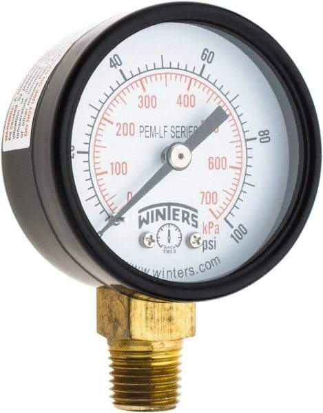 Winters - 2" Dial, 1/4 Thread, 0-100 Scale Range, Pressure Gauge - Lower Connection Mount, Accurate to 3-2-3% of Scale - USA Tool & Supply