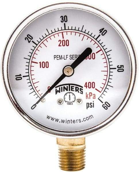 Winters - 2-1/2" Dial, 1/4 Thread, 0-60 Scale Range, Pressure Gauge - Lower Connection Mount, Accurate to 3-2-3% of Scale - USA Tool & Supply