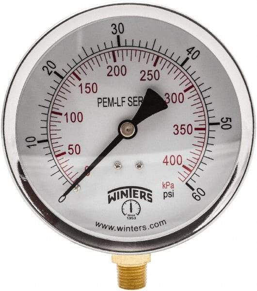 Winters - 4" Dial, 1/4 Thread, 0-60 Scale Range, Pressure Gauge - Lower Connection Mount, Accurate to 3-2-3% of Scale - USA Tool & Supply