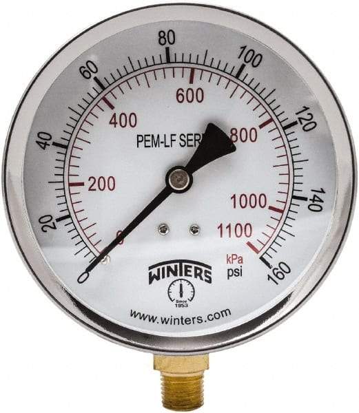 Winters - 4" Dial, 1/4 Thread, 0-160 Scale Range, Pressure Gauge - Lower Connection Mount, Accurate to 3-2-3% of Scale - USA Tool & Supply