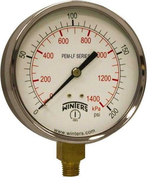Winters - 4" Dial, 1/4 Thread, 0-200 Scale Range, Pressure Gauge - Lower Connection Mount, Accurate to 3-2-3% of Scale - USA Tool & Supply