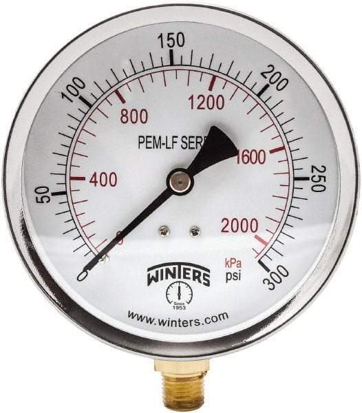 Winters - 4" Dial, 1/4 Thread, 0-300 Scale Range, Pressure Gauge - Lower Connection Mount, Accurate to 3-2-3% of Scale - USA Tool & Supply