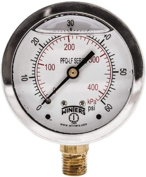 Winters - 2-1/2" Dial, 1/4 Thread, 0-60 Scale Range, Pressure Gauge - Lower Connection Mount, Accurate to 1.5% of Scale - USA Tool & Supply
