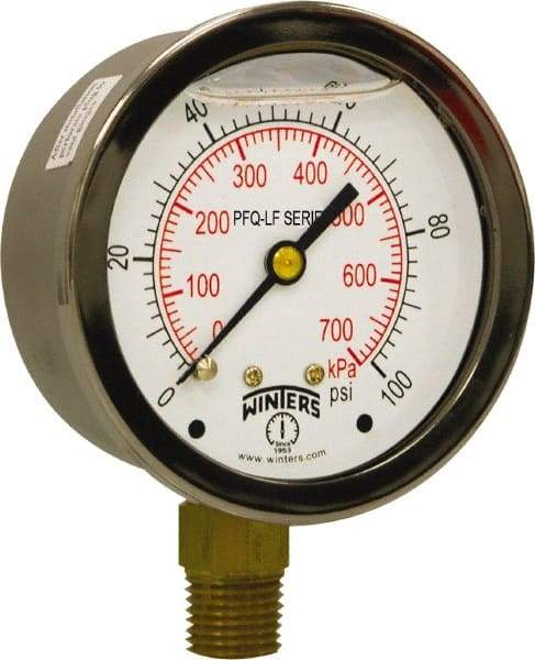 Winters - 2-1/2" Dial, 1/4 Thread, 0-100 Scale Range, Pressure Gauge - Lower Connection Mount, Accurate to 1.5% of Scale - USA Tool & Supply
