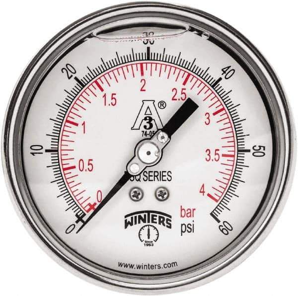 Winters - 4" Dial, 1-1/2 Thread, 0-60 Scale Range, Pressure Gauge - Center Back Connection Mount, Accurate to 0.01% of Scale - USA Tool & Supply