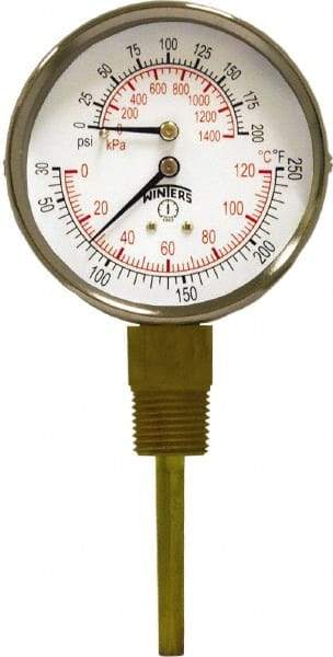Winters - 3" Dial, 1/2 Thread, 0-200 Scale Range, Pressure Gauge - Lower Connection Mount, Accurate to 0.03% of Scale - USA Tool & Supply