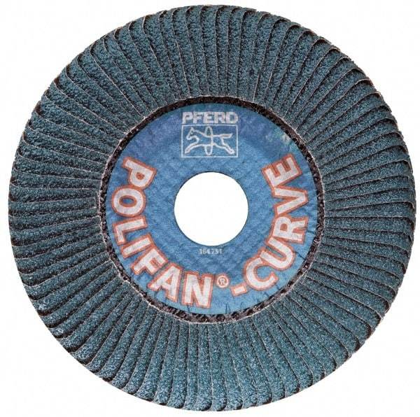 PFERD - 40 Grit, 5" Disc Diam, 7/8" Center Hole, Type 27 Zirconia Alumina Flap Disc - 12,200 Max RPM, Fiberglass Backing, Arbor Attaching System, Coated - USA Tool & Supply