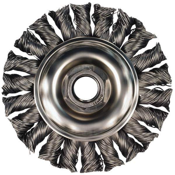 PFERD - 5" OD, 5/8-11 Arbor Hole, Knotted Steel Wheel Brush - 5/8" Face Width, 1-1/2" Trim Length, 0.02" Filament Diam, 15,000 RPM - USA Tool & Supply