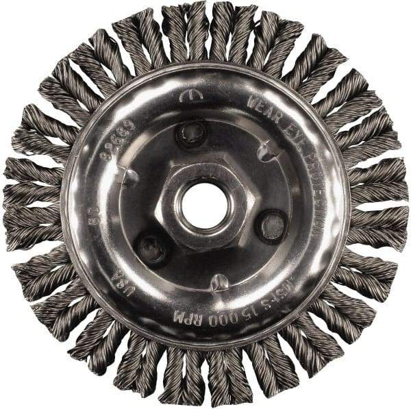 PFERD - 6" OD, 5/8-11 Arbor Hole, Knotted Steel Wheel Brush - 3/16" Face Width, 1-1/2" Trim Length, 0.02" Filament Diam, 12,500 RPM - USA Tool & Supply