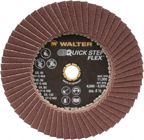 WALTER Surface Technologies - 120 Grit, 4-1/2" Disc Diam, Type 29 Aluminum Oxide Flap Disc - 11,000 Max RPM, Fiber Backing, Arbor Attaching System, Coated - USA Tool & Supply