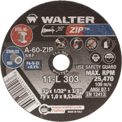 WALTER Surface Technologies - 3" Aluminum Oxide Cutoff Wheel - 1/16" Thick, 3/8" Arbor, 25,470 Max RPM, Use with Die Grinders - USA Tool & Supply