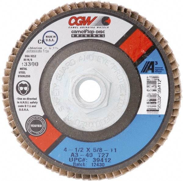 Camel Grinding Wheels - 40 Grit, 4-1/2" Disc Diam, 5/8-11 Center Hole, Type 27 Aluminum Oxide Flap Disc - 13,300 Max RPM, Poly Cotton Backing, Arbor Attaching System, Coated - USA Tool & Supply