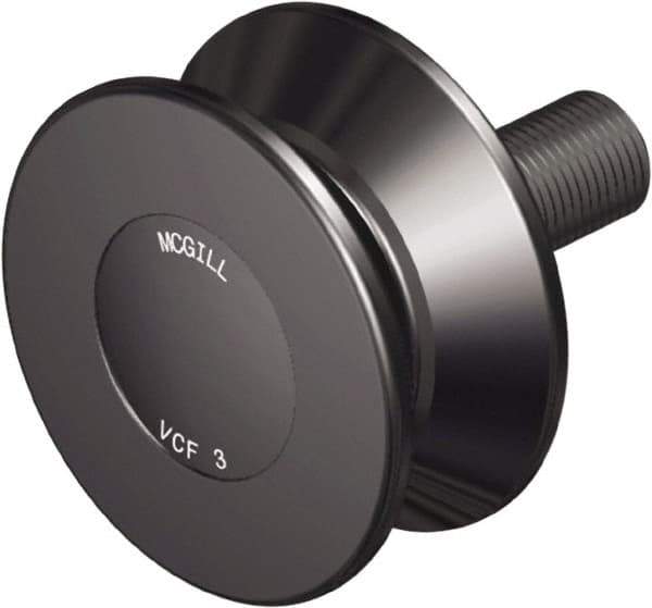 McGill - 4-1/2" Roller Diam x 2" Width, 1-1/8" Stud Diam x 2-1/2" Length, V Guide Roller - Steel, 1-3/4" Thread Length, 1-1/4-12 Thread, 4-1/2" OAL, 14,300 Lb Dynamic Cap, 16,000 Lb Static Cap - USA Tool & Supply