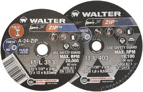 WALTER Surface Technologies - 4" 24 Grit Aluminum Oxide Cutoff Wheel - 1/4" Thick, 3/8" Arbor, 19,100 Max RPM, Use with Die Grinders - USA Tool & Supply