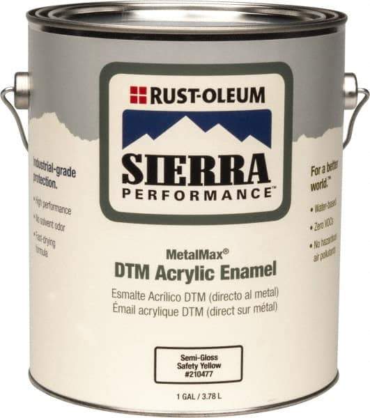 Rust-Oleum - 1 Gal Safety Yellow Semi Gloss Finish Acrylic Enamel Paint - Interior/Exterior, Direct to Metal, <0 gL VOC Compliance - USA Tool & Supply