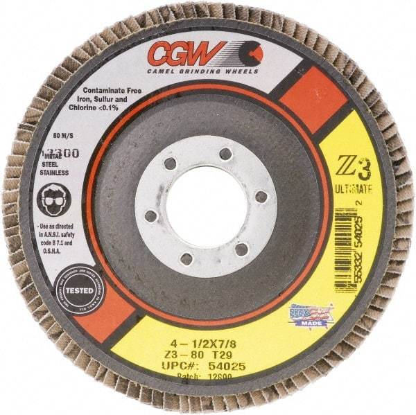 Camel Grinding Wheels - 60 Grit, 4-1/2" Disc Diam, 7/8" Center Hole, Type 29 Zirconia Alumina Flap Disc - 13,300 Max RPM, Poly Cotton Backing, Arbor Attaching System, Coated - USA Tool & Supply