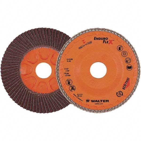 WALTER Surface Technologies - 80 Grit, 4-1/2" Disc Diam, 7/8" Center Hole, Zirconia Alumina Flap Disc - 13,300 Max RPM, Plastic Backing, Arbor Attaching System, Coated - USA Tool & Supply