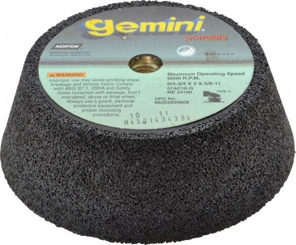 Norton - 6" Diam, 2" Overall Thickness, 16 Grit, Type 11 Tool & Cutter Grinding Wheel - Very Coarse Grade, Aluminum Oxide/Silicon Carbide Blend, Q Hardness, 6,000 RPM - USA Tool & Supply
