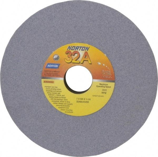 Norton - 7" Diam x 1-1/4" Hole x 3/4" Thick, K Hardness, 80 Grit Surface Grinding Wheel - Aluminum Oxide, Medium Grade, 3,600 Max RPM, Vitrified Bond - USA Tool & Supply
