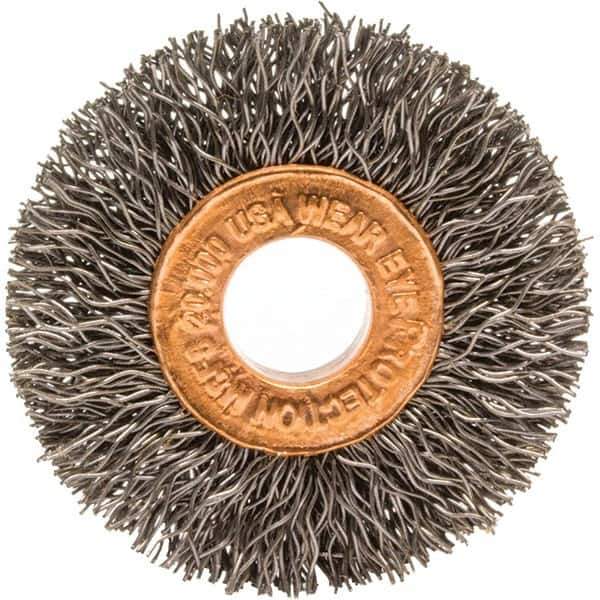 Brush Research Mfg. - 1-1/2" OD, 3/8" Arbor Hole, Crimped Carbon Wheel Brush - 1/4" Face Width, 3/8" Trim Length, 20,000 RPM - USA Tool & Supply