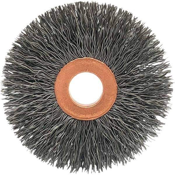 Brush Research Mfg. - 3-1/2" OD, 1/2" Arbor Hole, Crimped Stainless Steel Wheel Brush - 5/8" Face Width, 5/16" Trim Length, 20,000 RPM - USA Tool & Supply