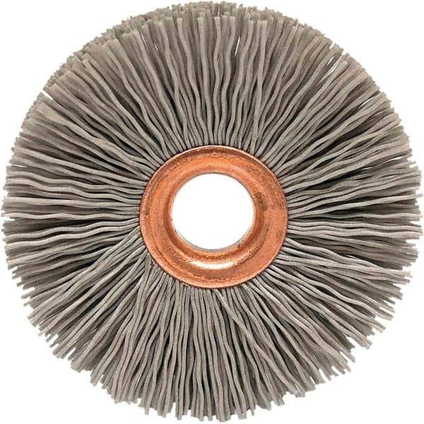 Brush Research Mfg. - 1-1/2" OD, 3/8" Arbor Hole, Crimped Abrasive Nylon Wheel Brush - 5/16" Face Width, 3/8" Trim Length, 20,000 RPM - USA Tool & Supply