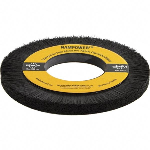 Brush Research Mfg. - 7-7/8" OD, 3-1/4" Arbor Hole, Crimped Abrasive Nylon Wheel Brush - 0.394" Face Width, 1.1811" Trim Length, 3,600 RPM - USA Tool & Supply