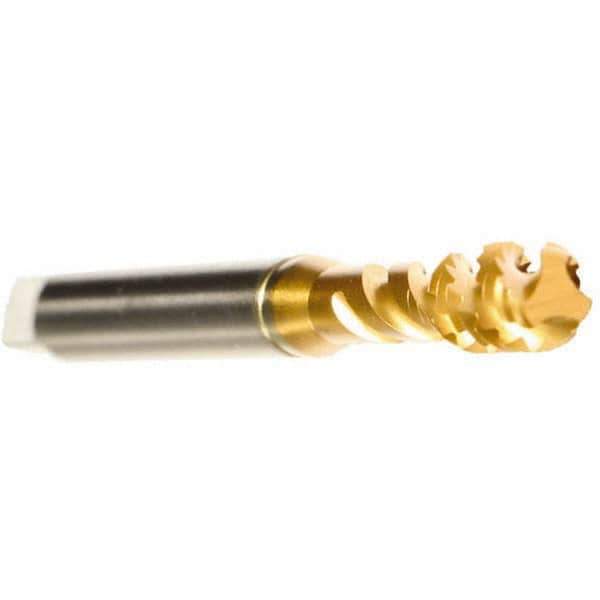 Emuge - M3x0.50 Metric 3 Flute 6H Modified Bottoming Spiral Flute Tap - Cobalt, TiN Finish, 56mm OAL, Right Hand Flute, Right Hand Thread, Series Enorm - USA Tool & Supply