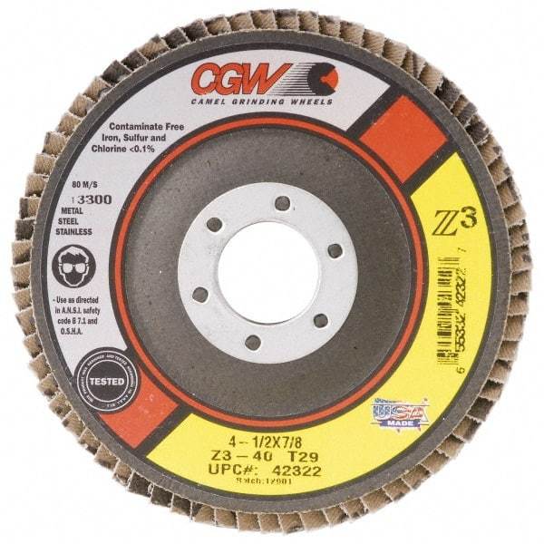 Camel Grinding Wheels - 36 Grit, 7" Disc Diam, 5/8-11 Center Hole, Type 29 Zirconia Alumina Flap Disc - 8,600 Max RPM, Poly Cotton Backing, Arbor Attaching System, Coated - USA Tool & Supply